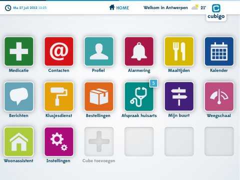 Cubigo interface screen with menu options such as a calendar, an alarm, and a thermometer with icons above.
