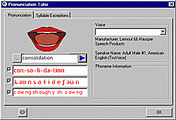 WordSmith v2.0 pronunciation tutor window with pronunciation and syllable exceptions tabs. The pronunciation tab features information for pronouncing the word "consolidation."