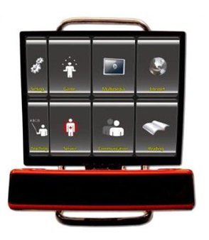 A display screen with handles and an eye tracker device below it.