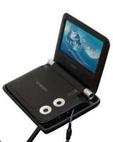 A black DVD player with an LCD display.
