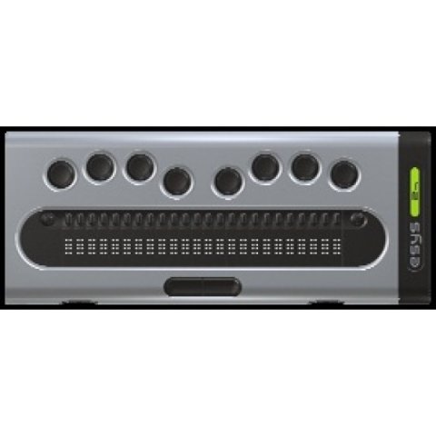 Sleek, minimalist Braille Cell Device with a row of 8 buttons followed by braille. 