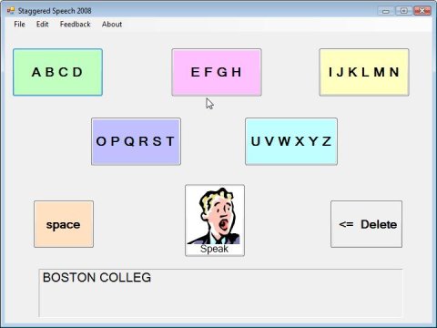 StaggeredSpeech keyboard broken up into 5 large pastel-colored buttons with alphabet letters written on them in black. Below these are 3 large buttons with "space", a man with "speak", and "delete" written. The bottom bar shows the text that is being written.