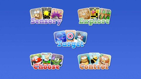 Screenshot of the Look to Learn main menu with five activity category options, including sensory, explore, target, choose, and control. 