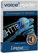 Voice Reader Web software package which shows a blue globe with green land masses encircled by digital output and the letters HTTP.//. 