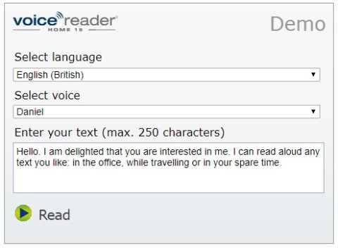 Demo of program setup with selections for language and voice. There is also a box to enter text and a read button.