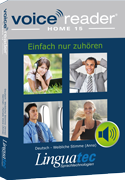 Voice Reader Home software package showing a 2x2 grid of pictures of 4 people in different settings with headphones on.