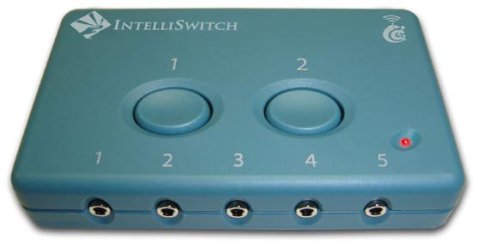 Rectangular device with two control buttons on top and 5 jacks on the front side.
