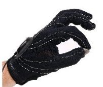Hand wearing a black glove, with the pointer finger and thumb touching together.