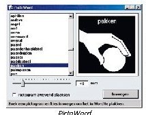 PictoWorks 1.0 window featuring menu options on the left and a graphic on the right of a white hand holding a white ball against a black background.