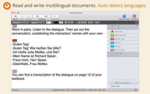 GhostReader auto-detect language feature showing some language on the screen in German and some in English.