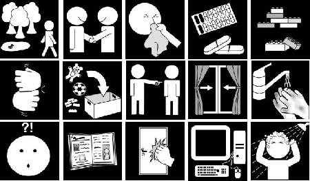 Software screen with black and white icons about human interaction in a 5x3 grid.