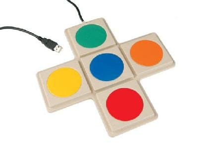 Five different colored round switch buttons connected in a cross orientation, shown with USB connector.