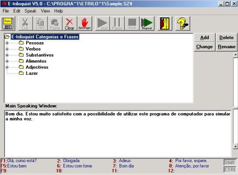 Screenshot of E-triloquist library and a speaking menu showing an editing crop button, play, pause, record buttons, an exit door button, and a listing of file folders. There is a large dialog box at the bottom showing text.