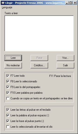 Llegir text input box with menu options below.