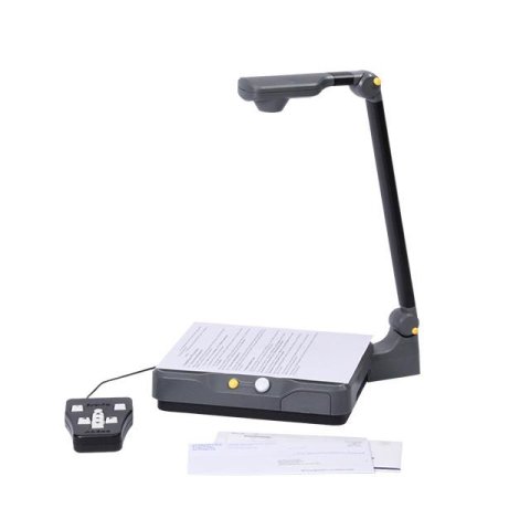 A stand magnifier with a camera at the top, and beneath, a platform base for placing materials on.