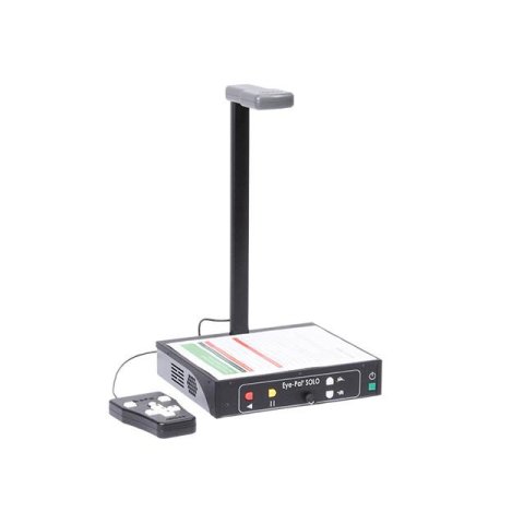 A stand magnifier with a camera at the top, and beneath, a platform base for placing materials on.