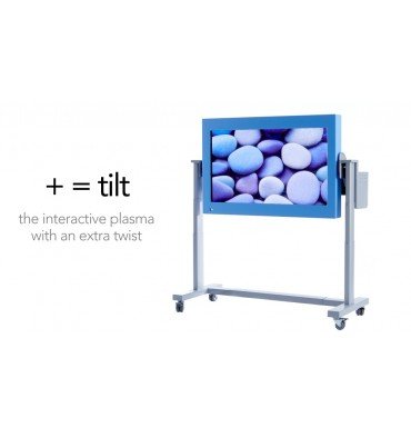 The touch screen device with a picture of smooth stones in a vertical position but has hinges on either end to enable tilting.