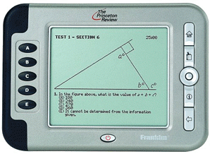 A handheld device with a large screen and control buttons on either side.