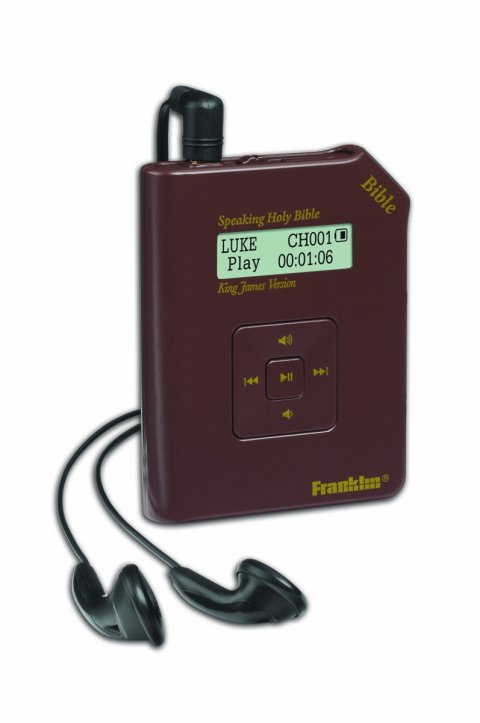 A small rectangular device with earbuds plugged into the port at the top is pictured in a burgundy color. It has a typical setup for player buttons on the front with a center option surrounded by 4 choices. A title is shown in a window screen, which is above the buttons.