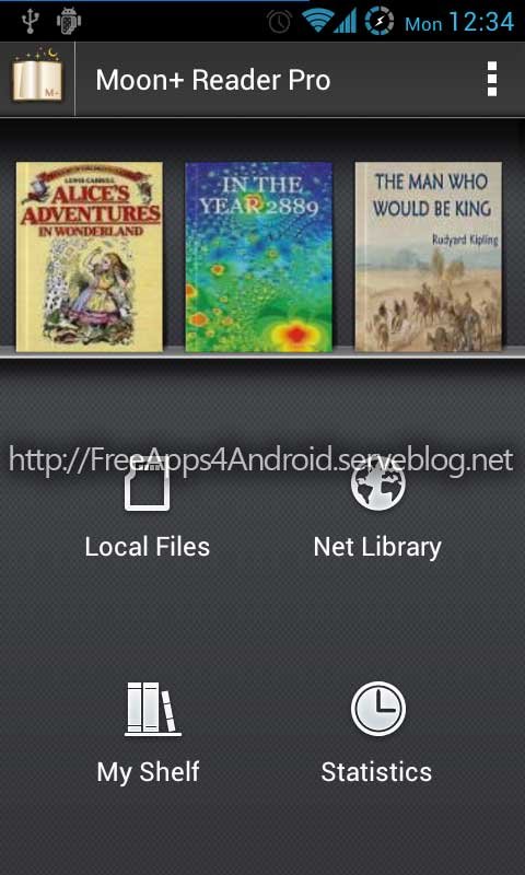Moon+ Reader Pro book library menu which looks like books displayed on a shelf.