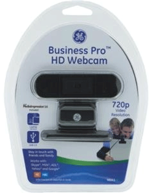 Business Pro HD Webcam in packaging: an oblong object atop a stand and base.