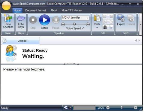 SpeakComputer text entry box with toolbar and menu options above.