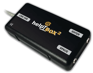 Small rectangular black device with two ports at right end for switch inputs.