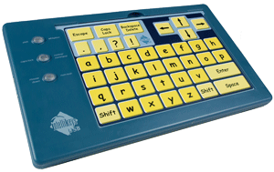 IntelliKeys USB keyboard with aphabet overlay inserted.