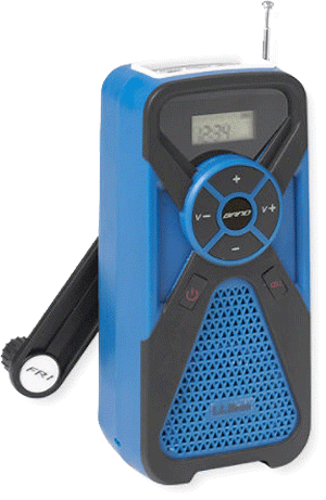 Rectangular device with front circular power button, channel and volume control options. Hand crank on back and antenna on top.