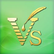VoiceSymbol AAC logo showing an emerald green rectangle with a large gold V drawn with horizontally broken gold lines and a small solid gold letter s next to it. Between the V legs is a gold drop of liquid dripping off the tip of a quill pen.