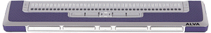 A thin, rectangular braille writer with a row of control buttons below a row of braille cells. 