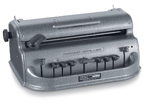 A device similar to a typewriter but with few buttons and an adjuster on top.