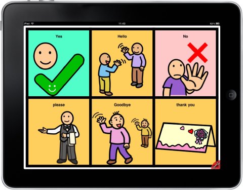 SimpleAAC on an iPad displaying the pictorial phrase selection menu, "yes", "hello", "no", "please", "goodbye", "thank you".