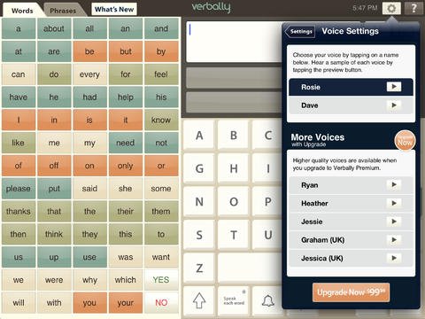 Verbally voice settings offering male and female voices and British accents.