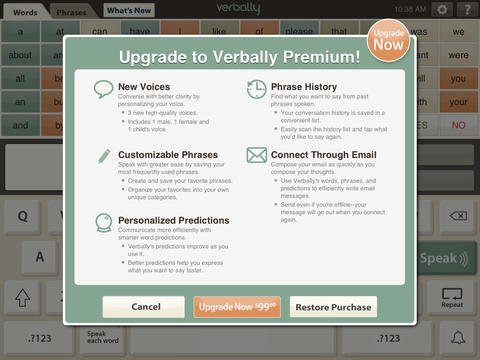 Texts that reads "Upgrade to verbally premium - new voices, phrase history, customizable phrases, connect through email, personalized predictions."