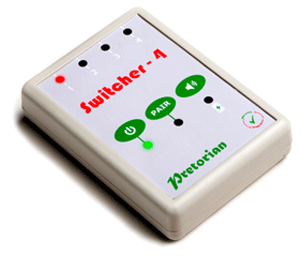 Rectangular device with buttons and indicator lights for four connected devices.