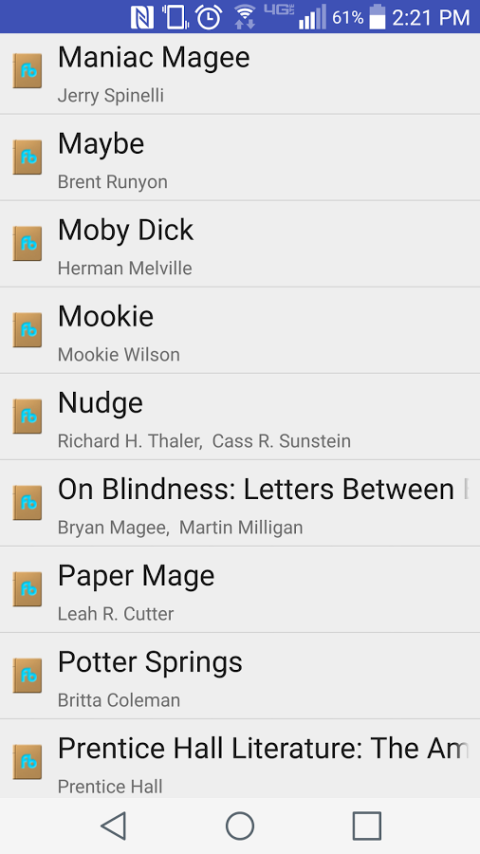 Go Read book menu showing a list of titles and authors each preceded by a checkbox.
