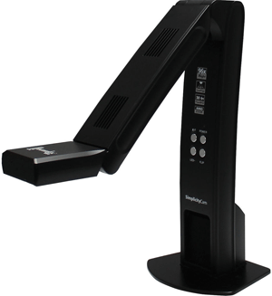 Adjustable, standing arm attached with a document reading camera and panel of control buttons on the interior, vertical side.