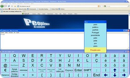 A turquoise-colored on-screen keyboard with a small drop-down list of words in the upper-right corner.