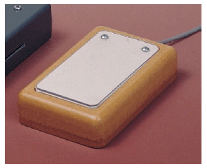 A small, wired, rectangular device the size of a computer mouse with a wooden base and a metal switch plate. 