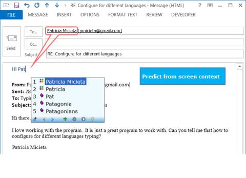 Word prediction screen in an email showing a recipient's name and similar word choices in the menu below it.