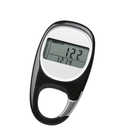 A rectangular device with steps display screen and carabiner clip on the bottom. 