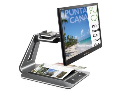 Magnifier mounted on an arm projecting magnified image of text below the scanner.