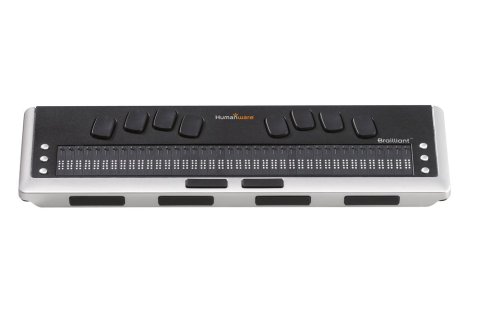 Large rectangular Braille keyboard with four buttons in an arched position on each half of the object.
