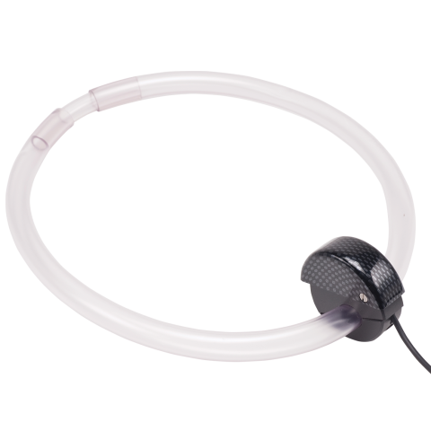 Circular loop of hollow transparent tubing with switch connected.