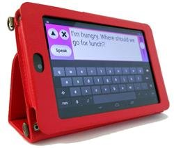Rectangular handheld device with a red case and a text input screen with a keyboard on the display. It is sitting upright against a stand.