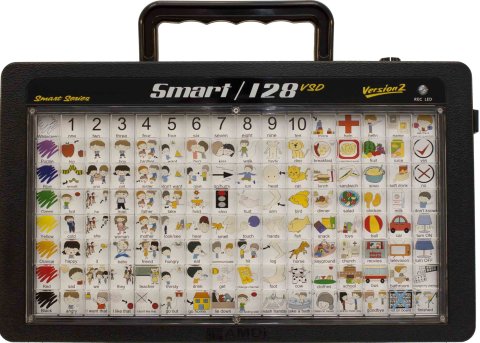 A black rectangular device with 128 message icons with text above such as "arm" and "walk," and a handle on the top.