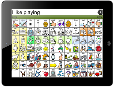 An app on an iPad showing a grid of icons representing various action verbs.