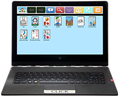 Opened dark grey laptop with AllTalk's icon phrase selection menu on screen. 