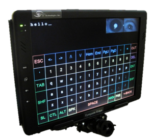 Tablet device with a camera mounted at the bottom of the screen and an onscreen keyboard.